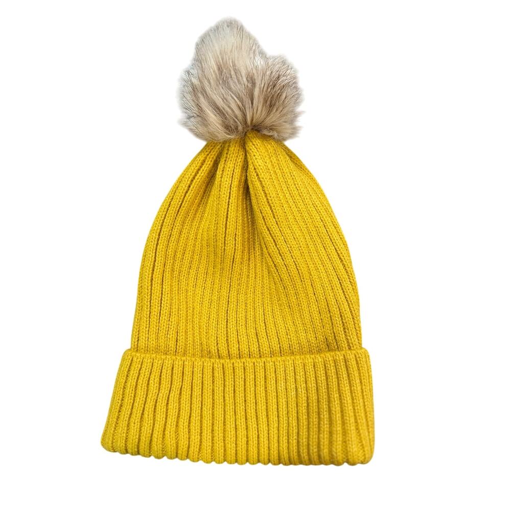Unbranded Beanie Pom Pom Ribbed Knit Modern Women One Size Mustard Yellow Gold